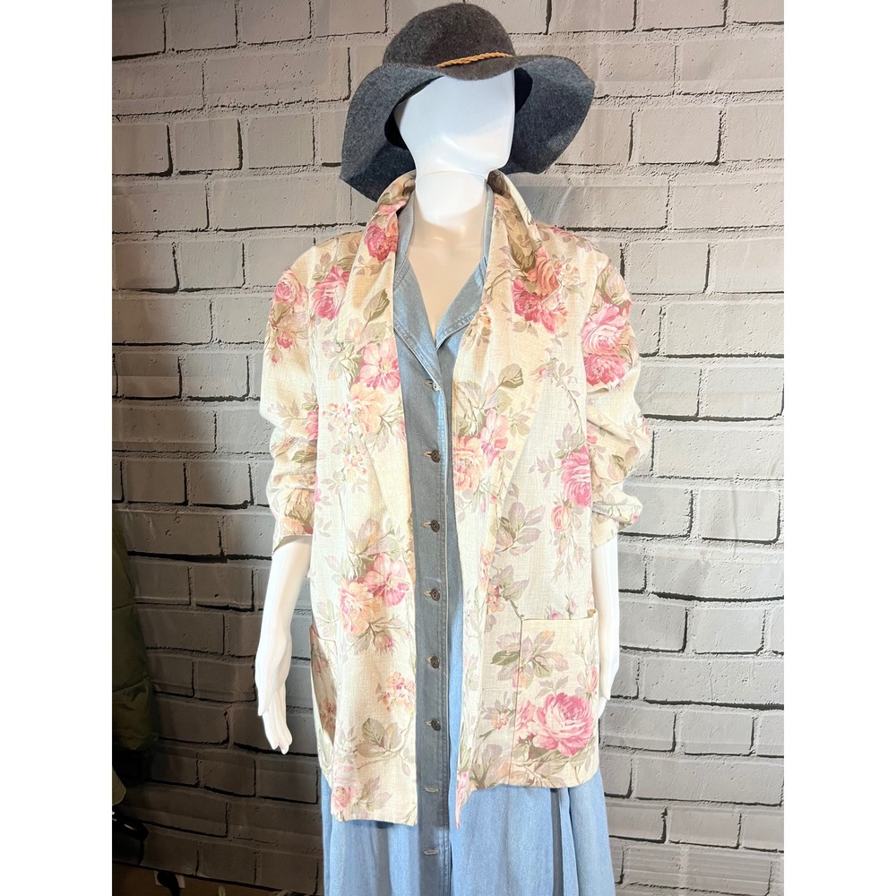 Radcliffe Vintage Floral Rose Print Blazer Open Front Jacket Pink Cream Size 18